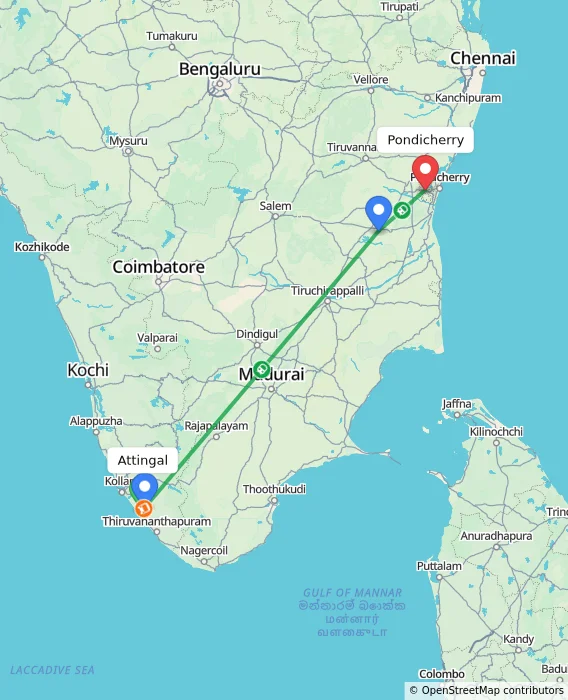 Route map showing distance and travel time from Attingal, India to Puducherry, India