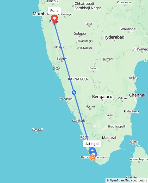 Route map showing distance and travel time from Attingal, India to Pune, India