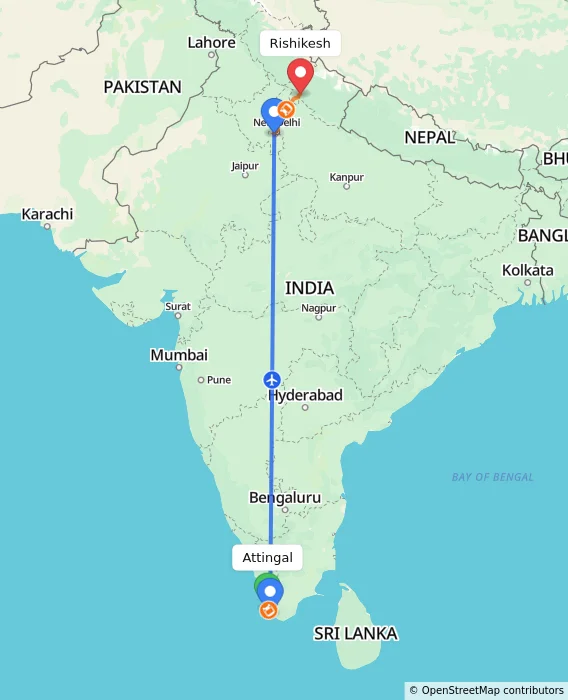 Route map showing distance and travel time from Attingal, India to Rishikesh, India