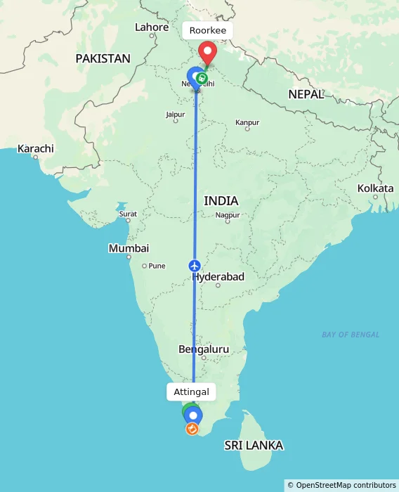 Route map showing distance and travel time from Attingal, India to Roorkee, India
