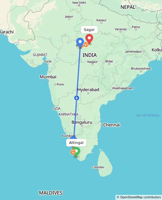 Route map showing distance and travel time from Attingal, India to Sagar, India