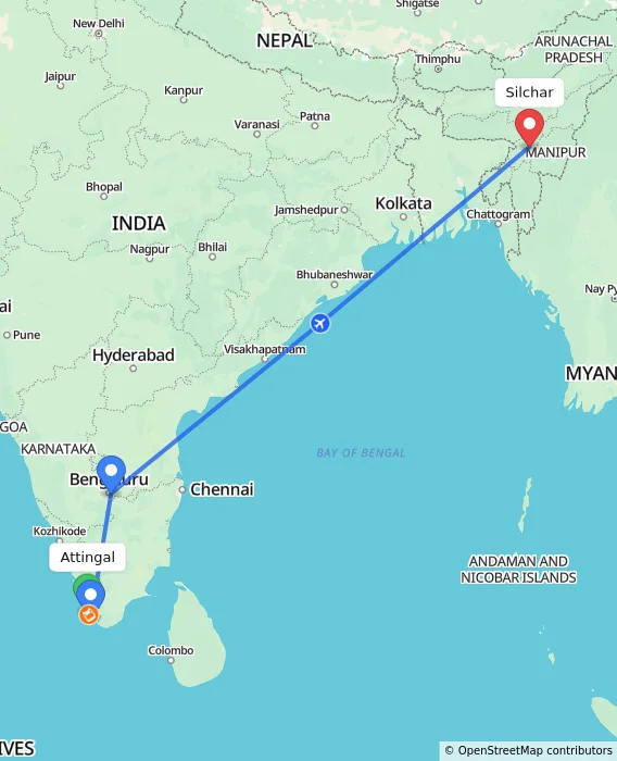Route map showing distance and travel time from Attingal, India to Silchar, India