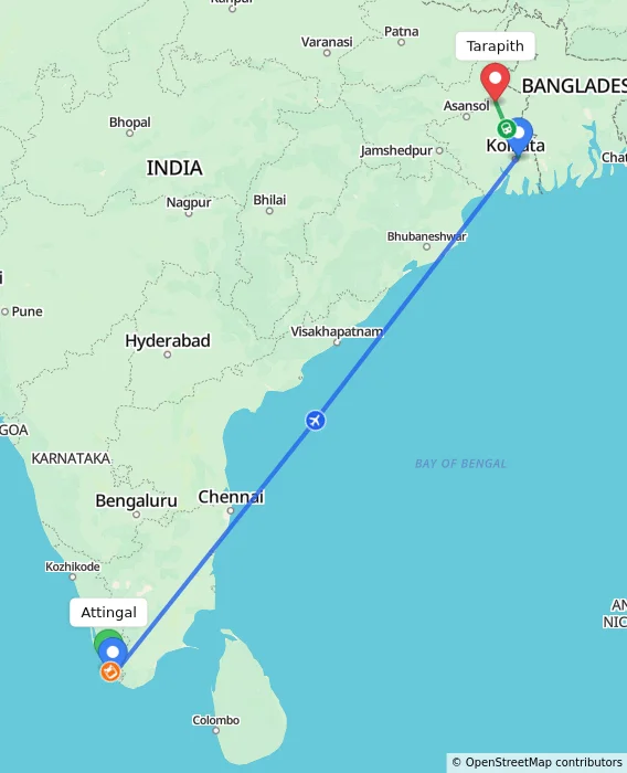 Route map showing distance and travel time from Attingal, India to Tarapith, India