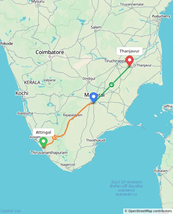 Route map showing distance and travel time from Attingal, India to Thanjavur, India
