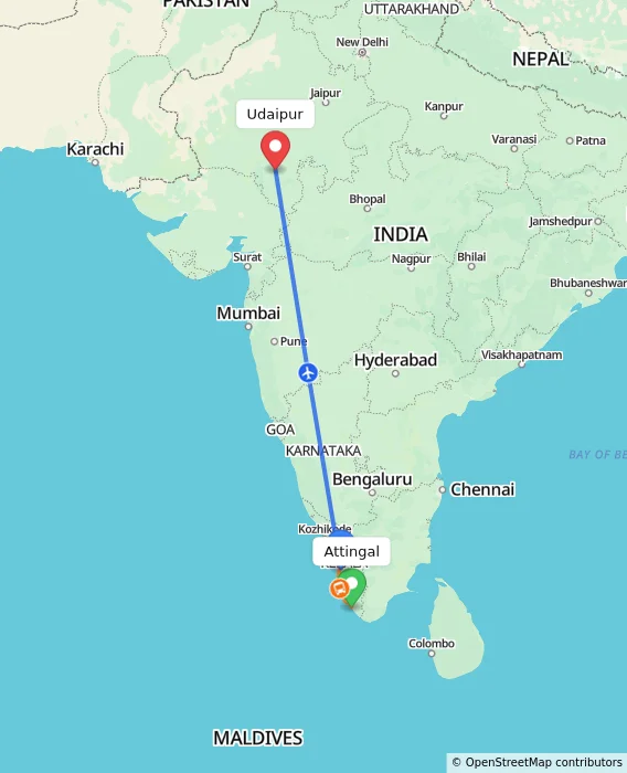 Route map showing distance and travel time from Attingal, India to Udaipur, India