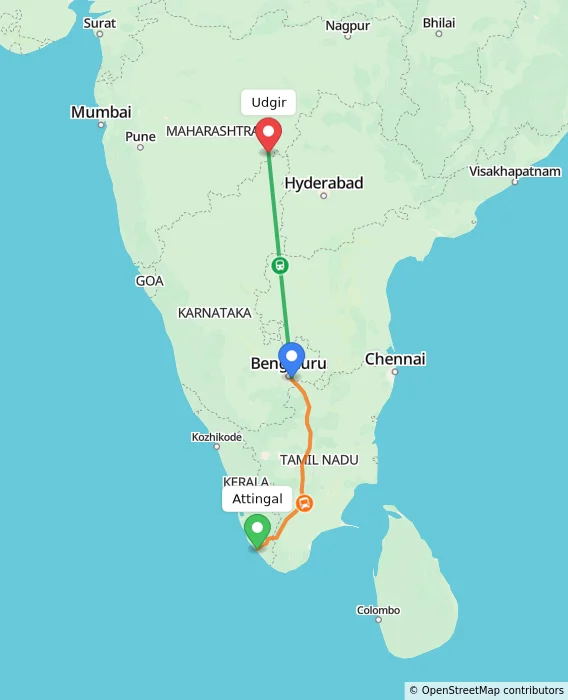Route map showing distance and travel time from Attingal, India to Udgir, India