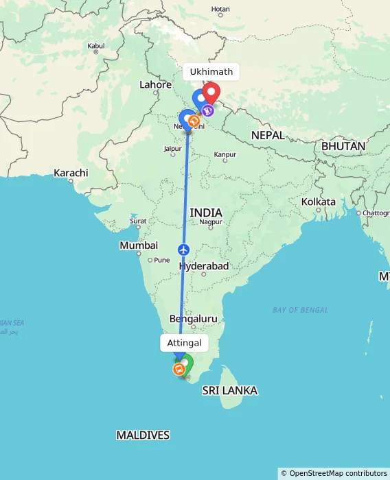 Route map showing distance and travel time from Attingal, India to Ukhimath, India