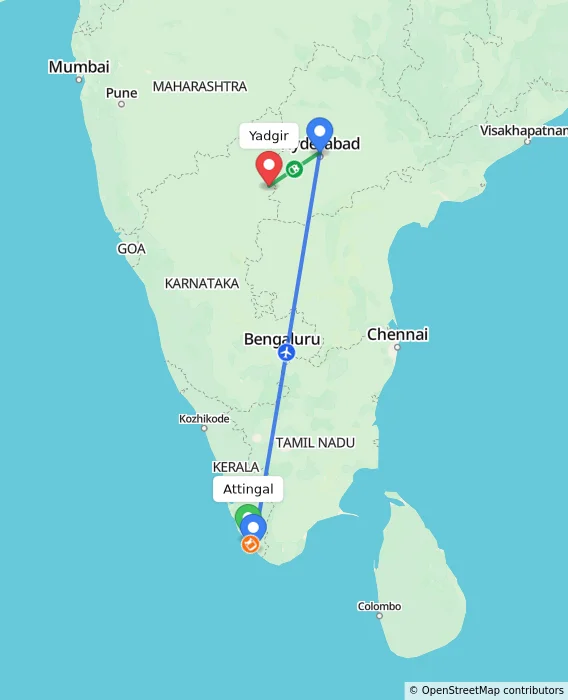 Route map showing distance and travel time from Attingal, India to Yadgir, India