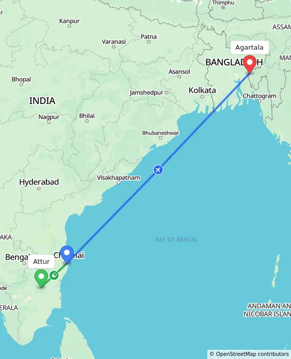Route map showing distance and travel time from Attur, India to Agartala, India