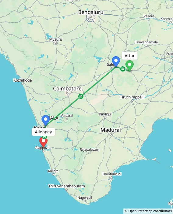 Route map showing distance and travel time from Attur, India to Alappuzha, India