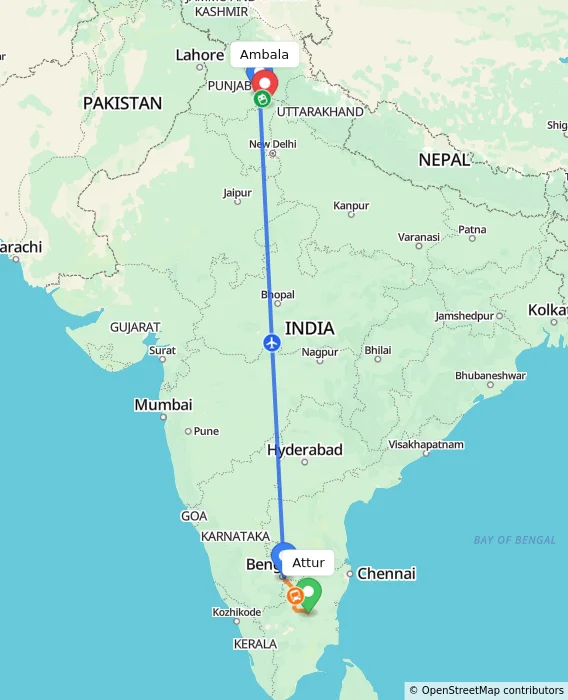 Route map showing distance and travel time from Attur, India to Ambala, India