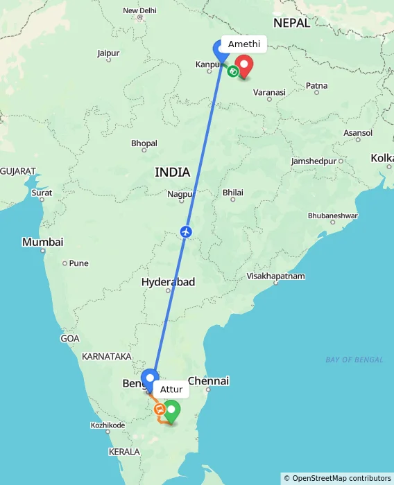 Route map showing distance and travel time from Attur, India to Amethi, India