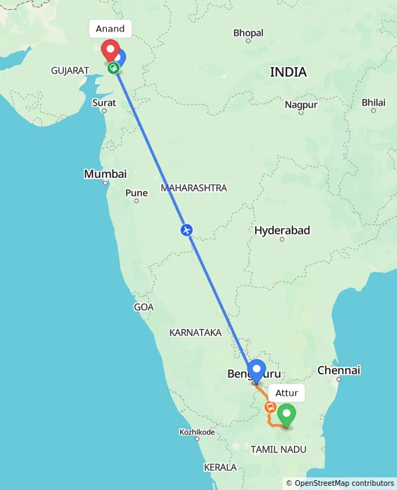Route map showing distance and travel time from Attur, India to Anand, India
