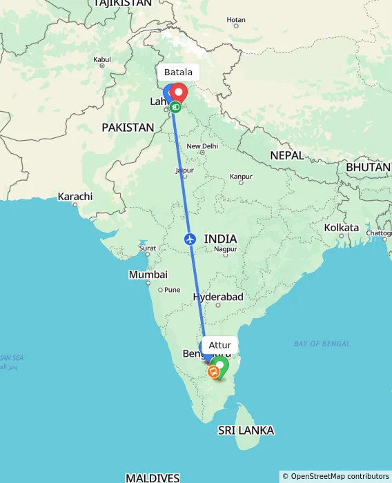 Route map showing distance and travel time from Attur, India to Batala, India