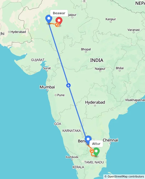 Route map showing distance and travel time from Attur, India to Beawar, India