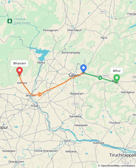 Route map showing distance and travel time from Attur, India to Bhavani, India