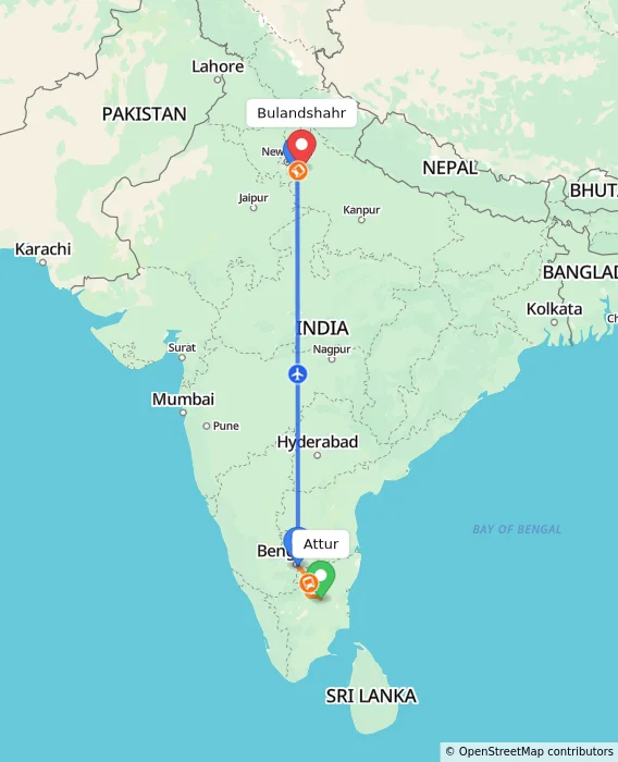 Route map showing distance and travel time from Attur, India to Bulandshahr, India