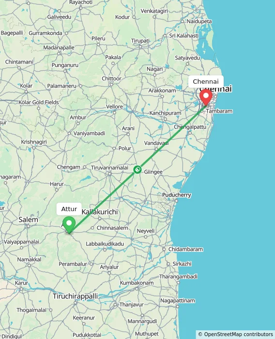 Route map showing distance and travel time from Attur, India to Chennai, India