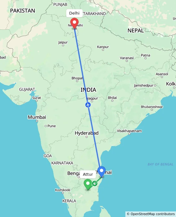 Route map showing distance and travel time from Attur, India to Delhi, India