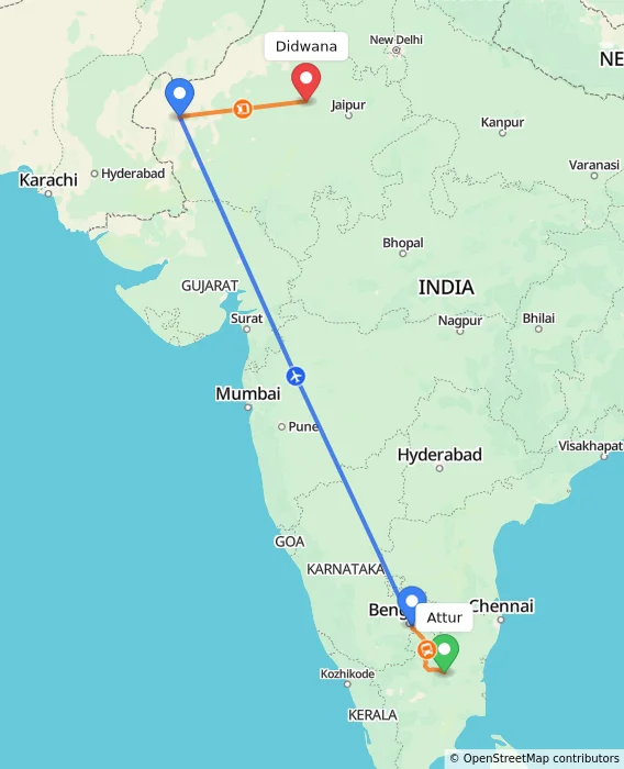Route map showing distance and travel time from Attur, India to Didwana, India