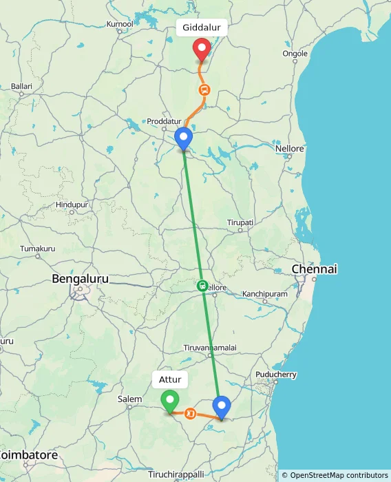 Route map showing distance and travel time from Attur, India to Giddalur, India