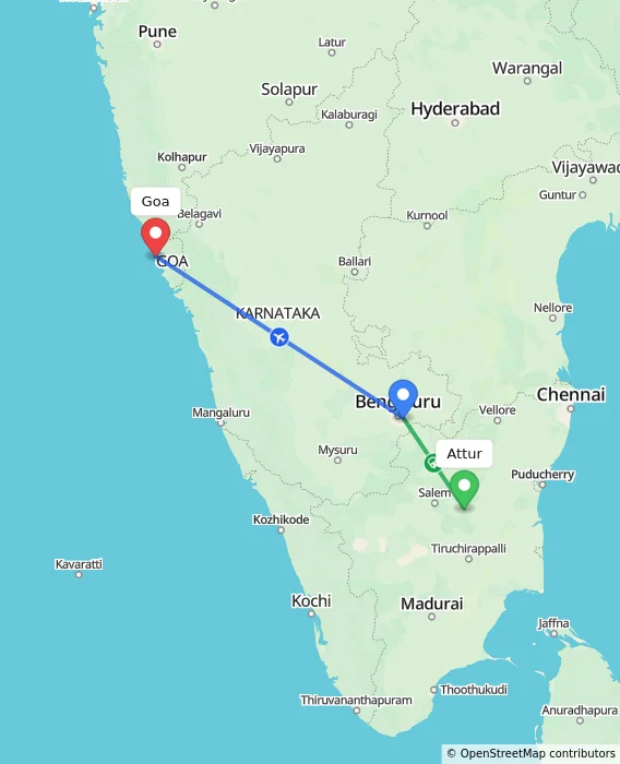 Route map showing distance and travel time from Attur, India to Goa, India