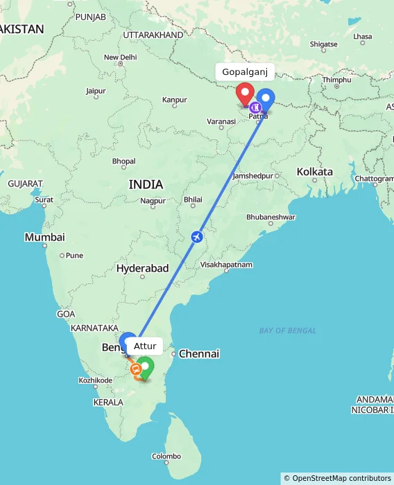 Route map showing distance and travel time from Attur, India to Gopalganj, India