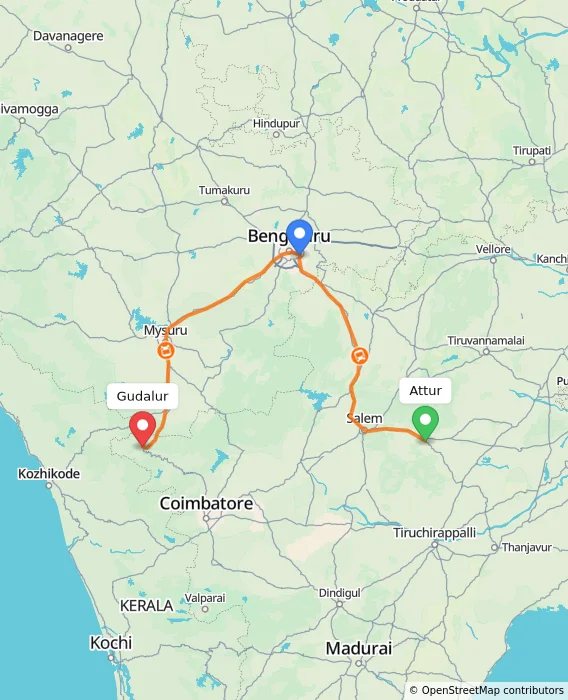 Route map showing distance and travel time from Attur, India to Gudalur, India