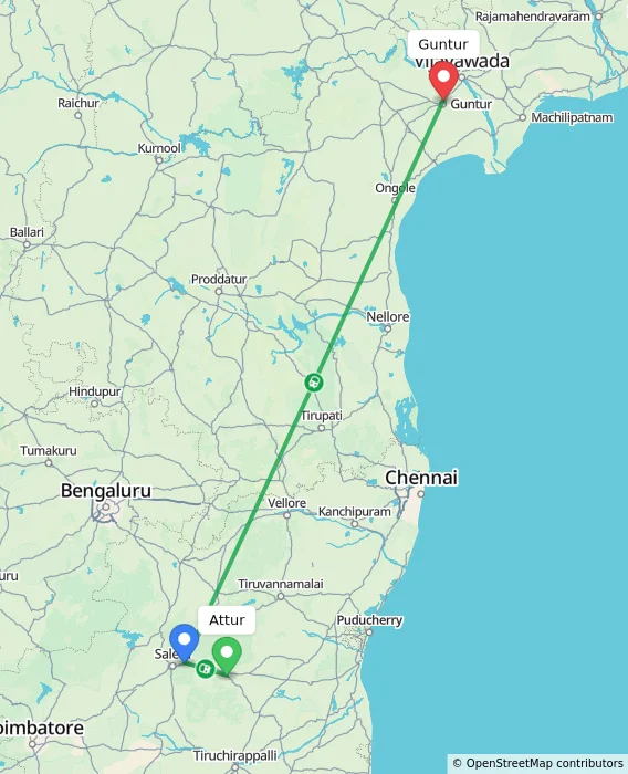 Route map showing distance and travel time from Attur, India to Guntur, India