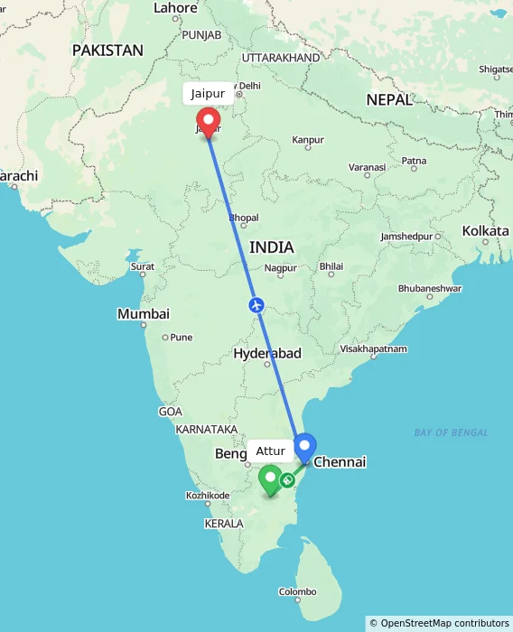 Route map showing distance and travel time from Attur, India to Jaipur, India