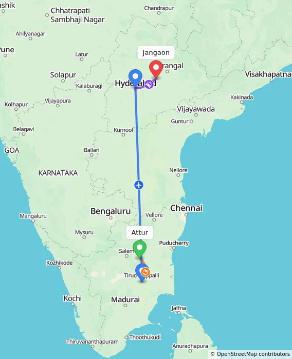 Route map showing distance and travel time from Attur, India to Jangaon, India