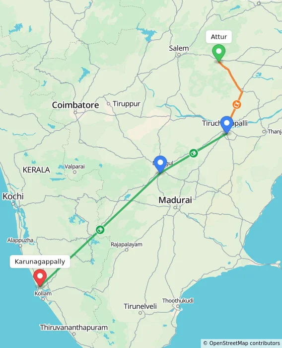 Route map showing distance and travel time from Attur, India to Karunagappally, India