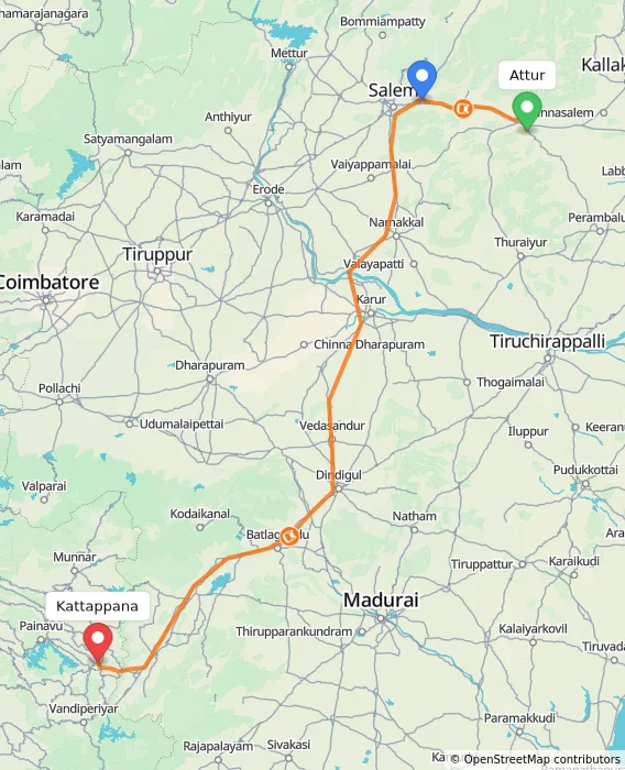 Route map showing distance and travel time from Attur, India to Kattappana, India