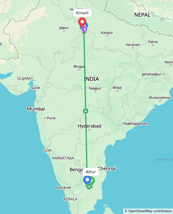 Route map showing distance and travel time from Attur, India to Kiraoli, India