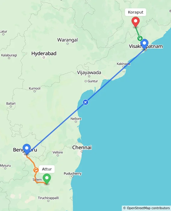 Route map showing distance and travel time from Attur, India to Koraput, India