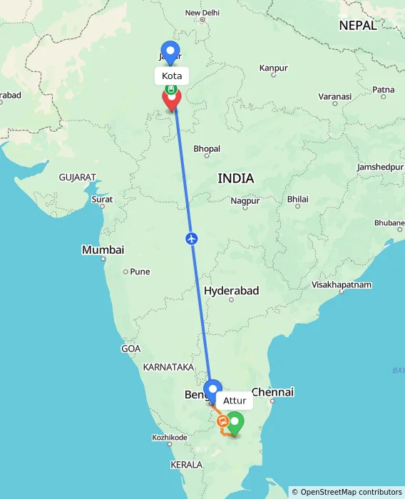 Route map showing distance and travel time from Attur, India to Kota, India