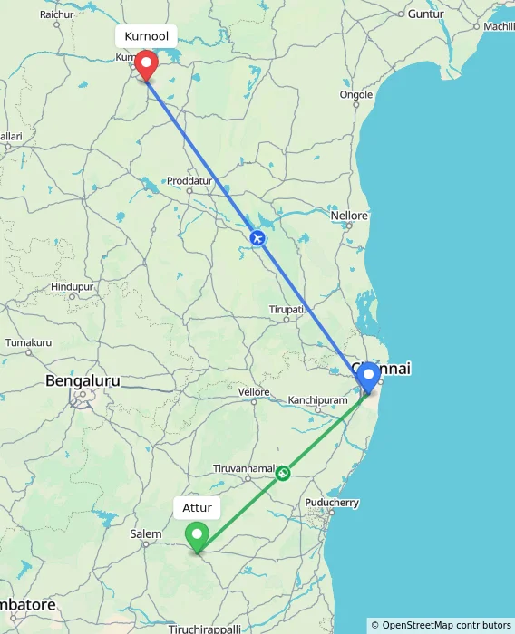Route map showing distance and travel time from Attur, India to Kurnool, India