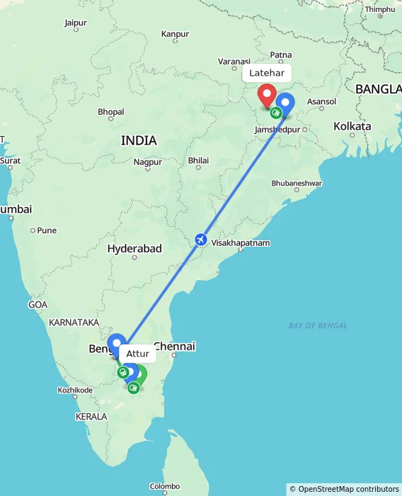 Route map showing distance and travel time from Attur, India to Latehar, India