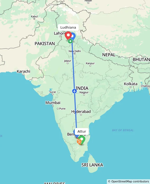 Route map showing distance and travel time from Attur, India to Ludhiana, India