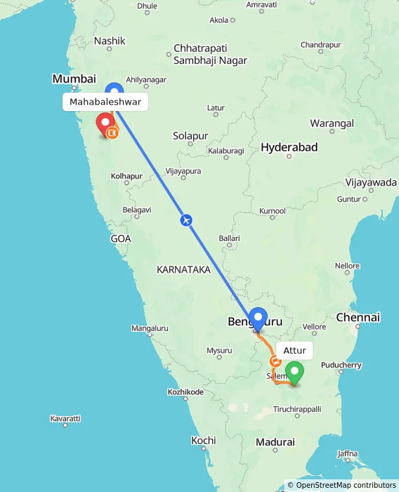 Route map showing distance and travel time from Attur, India to Mahabaleshwar, India