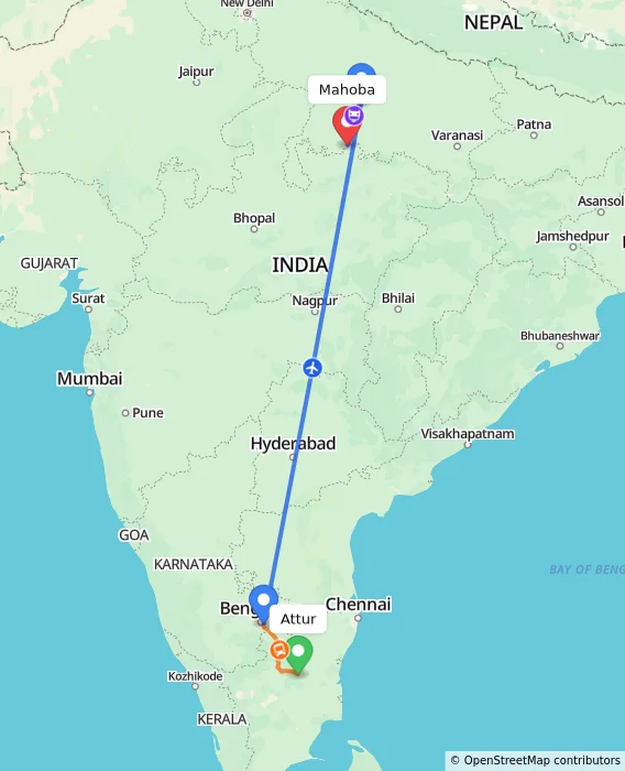 Route map showing distance and travel time from Attur, India to Mahoba, India