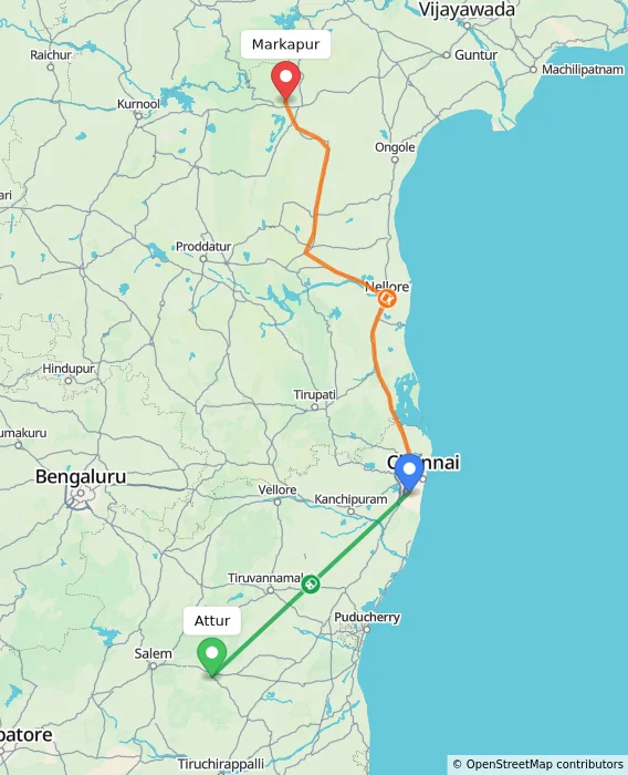 Route map showing distance and travel time from Attur, India to Markapur, India