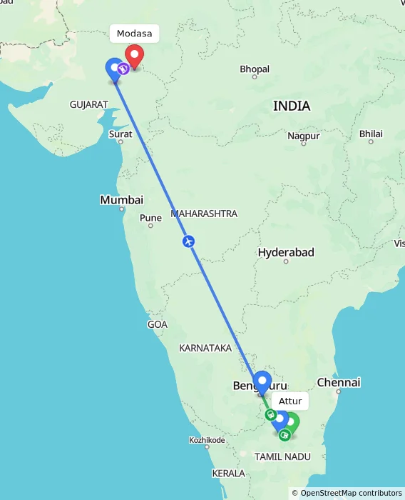 Route map showing distance and travel time from Attur, India to Modasa, India