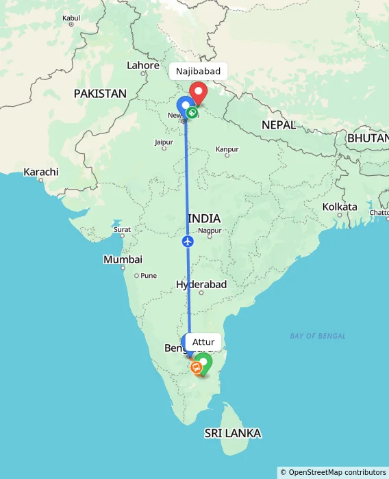 Route map showing distance and travel time from Attur, India to Najibabad, India