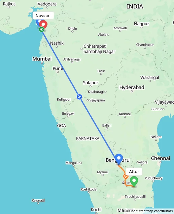 Route map showing distance and travel time from Attur, India to Navsari, India