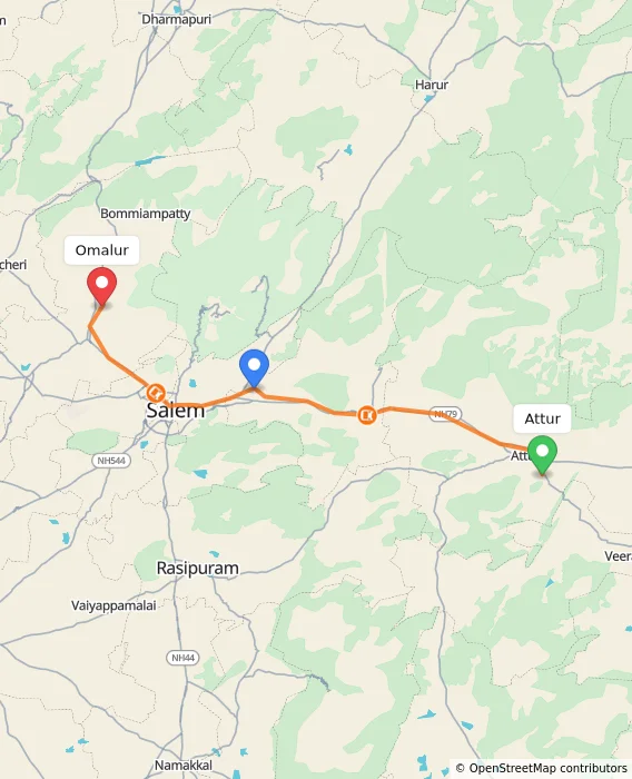Route map showing distance and travel time from Attur, India to Omalur, India