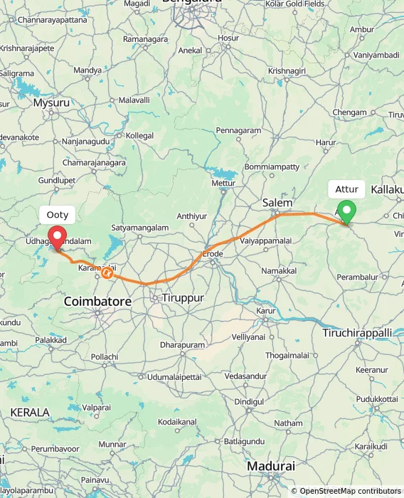 Route map showing distance and travel time from Attur, India to Ooty, India