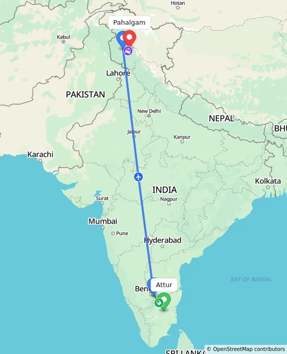 Route map showing distance and travel time from Attur, India to Pahalgam, India