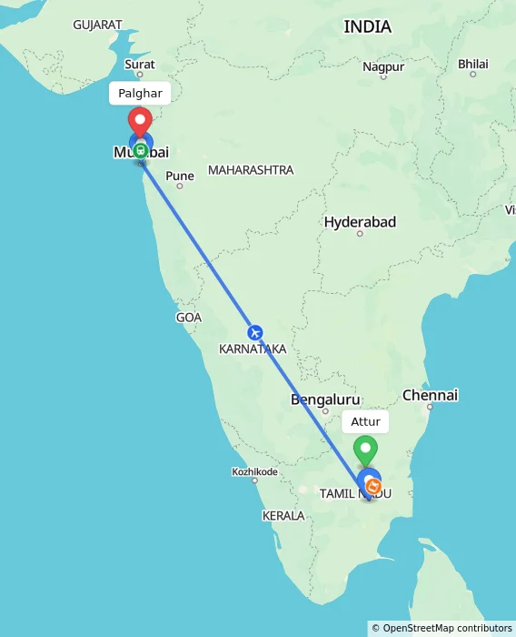 Route map showing distance and travel time from Attur, India to Palghar, India
