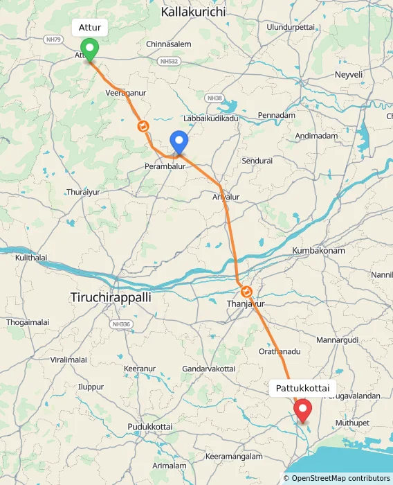 Route map showing distance and travel time from Attur, India to Pattukkottai, India